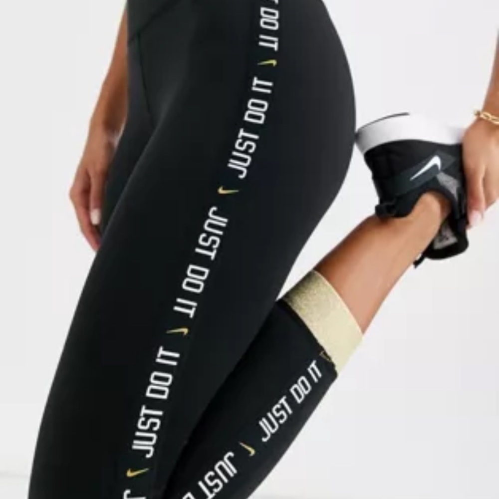 Nike Black Leggings with White & Gold "Just Do It" Logo